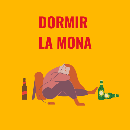 Expresión "dormir la mona". Una mujer duerme en el suelo junto a unas botellas de cerveza.